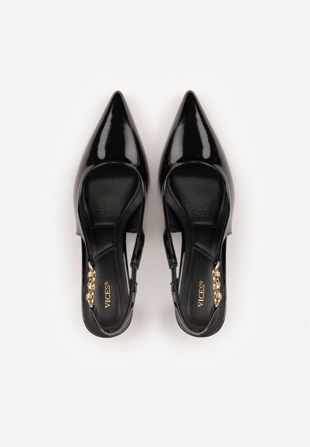 Renee - Czarne Eleganckie Szpilki Slingback VICES z Ozdobną Aplikacją przy Pasku Natera. Zapięcie: pasek. Kolor: czarny. Wzór: aplikacja. Obcas: na szpilce. Styl: elegancki. Wysokość obcasa: średni