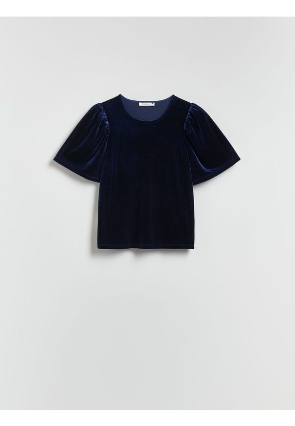 Reserved - Bluzka z bufiastymi rękawami - granatowy. Kolor: niebieski. Materiał: dzianina, welur