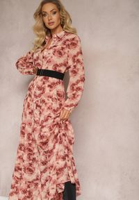 Renee - Różowa Rozkloszowana Sukienka Koszulowa Maxi w Kwiaty Nersa. Kolor: różowy. Wzór: kwiaty. Typ sukienki: koszulowe. Długość: maxi #3