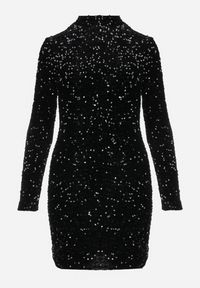 Born2be - Czarna Dopasowana Sukienka Mini z Półgolfem Zdobiona Cekinami Jurottja. Kolor: czarny. Długość rękawa: długi rękaw. Wzór: aplikacja. Typ sukienki: proste. Długość: mini #2