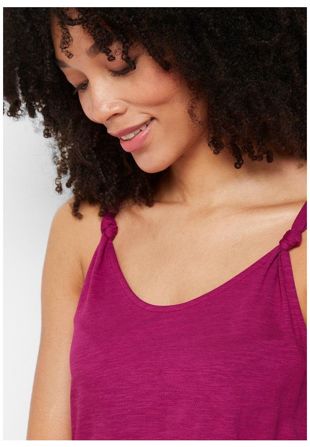 bonprix - Top bawełniany z ozdobnymi przewiązaniami. Kolor: fioletowy. Materiał: bawełna. Długość rękawa: na ramiączkach