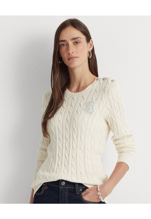 Lauren Ralph Lauren - LAUREN BY RALPH LAUREN - Bawełniany sweter z monogramem. Kolor: biały. Materiał: bawełna. Długość rękawa: długi rękaw. Długość: długie. Wzór: aplikacja, prążki, ze splotem