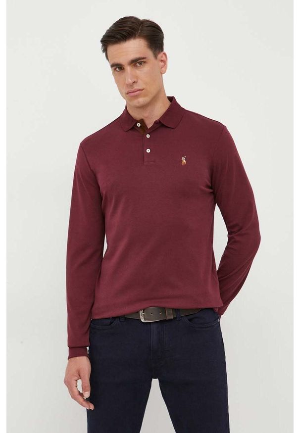 Polo Ralph Lauren longsleeve bawełniany kolor czerwony gładki. Typ kołnierza: polo. Kolor: czerwony. Materiał: bawełna. Długość rękawa: długi rękaw. Długość: krótkie. Wzór: gładki