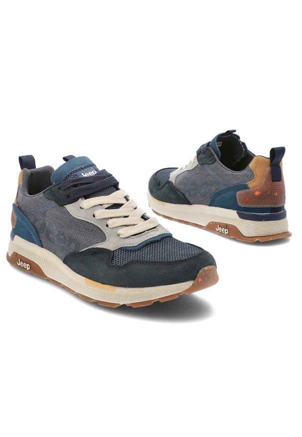 Sneakersy męskie Jeep, codzienne i sportowe na platformie skórzane sznurowane, niebieskie, JM51060A-100. Okazja: na co dzień. Kolor: niebieski. Materiał: skóra. Szerokość cholewki: normalna. Obcas: na platformie. Sport: turystyka piesza