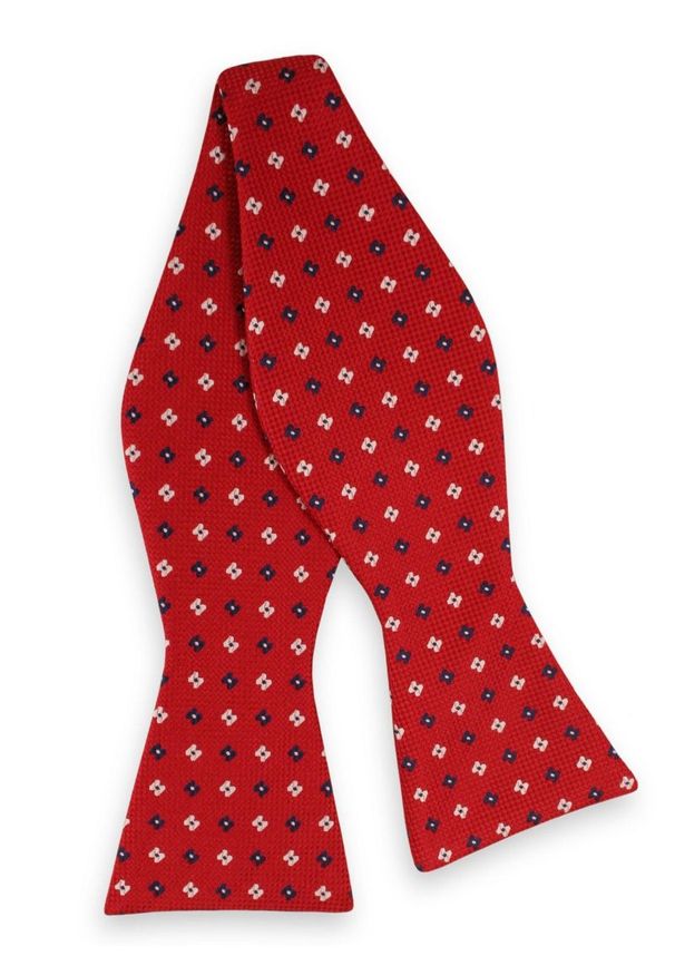 Czerwona Wiązana Mucha -EM Men's Accessories- Męska, w Biało-Granatowe Kwiatki. Kolor: czerwony. Wzór: kwiaty. Styl: sportowy, elegancki