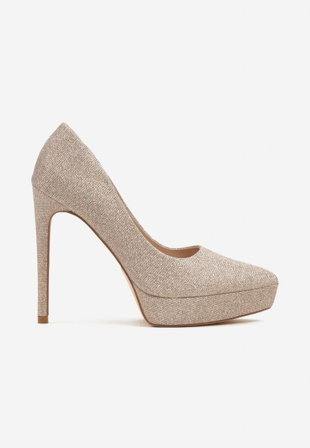 Renee - Złote Eleganckie Brokatowe Szpilki na Platformie w Klasycznym Stylu Navienne. Okazja: na spotkanie biznesowe, na co dzień, do pracy. Kolor: złoty. Obcas: na platformie. Styl: elegancki, klasyczny