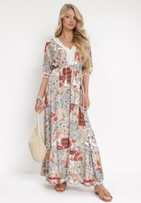 Born2be - Miętowo-Beżowa Sukienka Maxi w Stylu Boho Patchworkowy Wzór Acarria. Kolor: beżowy. Wzór: ażurowy, aplikacja. Styl: boho. Długość: maxi