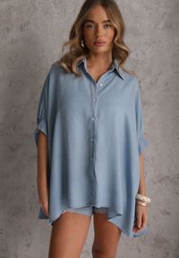 Renee - Jasnoniebieska Oversizowa Koszula z Wiskozą z Nietoperzowymi Rękawami 3/4 Cirithe. Okazja: na co dzień. Kolor: niebieski. Materiał: wiskoza. Styl: elegancki, casual #3