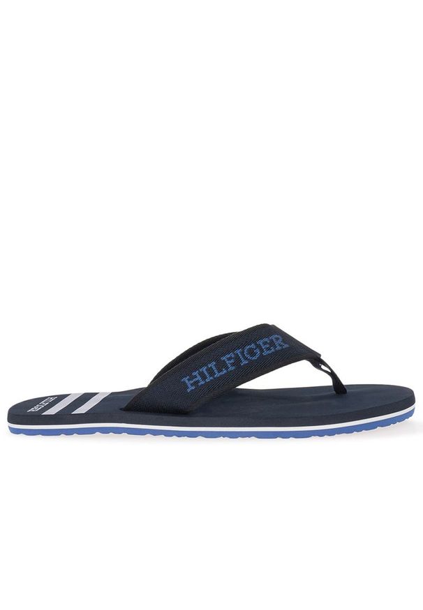 TOMMY HILFIGER - Japonki Tommy Hilfiger Monotype Logo FM0FM05020-DW5 - granatowe. Okazja: na co dzień, na plażę. Kolor: niebieski. Materiał: materiał, poliester. Wzór: napisy, aplikacja, paski. Sezon: lato. Styl: wakacyjny, casual