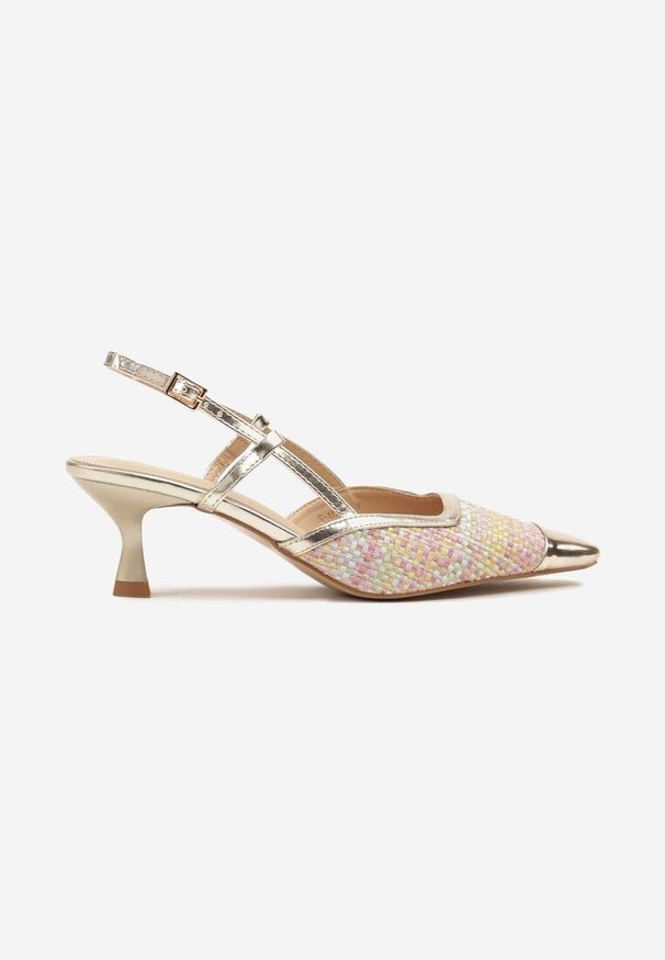 Renee - Złoto-Różowe Sandały na Kaczuszce Slingback z Plecionką i Metalicznym Noskiem Ldivaria. Okazja: na co dzień, na imprezę. Kolor: złoty. Wzór: aplikacja. Obcas: na szpilce. Styl: elegancki, casual. Wysokość obcasa: średni