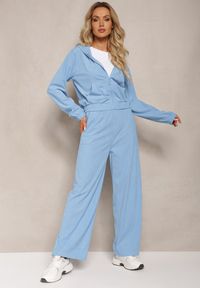 Renee - Jasnoniebieski Sztruksowy Komplet Dresowy Luźne Spodnie i Rozpinana Bluza z Kapturem Compia. Kolor: niebieski. Materiał: sztruks, dresówka #3