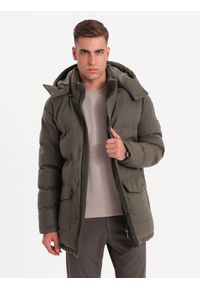 Ombre Clothing - Długa ciepła męska kurtka typu parka z wełną – ciemnooliwkowy melanż V4 OM-JALJ-0217 - XXL. Kolor: oliwkowy. Materiał: wełna. Długość: długie. Wzór: melanż #8