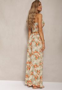 Renee - Pomarańczowo-Zielony Komplet Boho z Bawełny Krótki Top na Ramiączkach z Gumką Szerokie Spodnie Rasida. Kolor: pomarańczowy. Materiał: bawełna