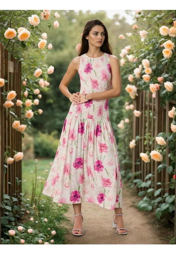 Sinsay - Sukienka maxi z marszczeniem w kwiatowy wzór - wielobarwny. Wzór: kwiaty. Długość: maxi