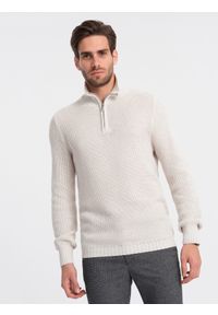 Ombre Clothing - Sweter męski dzianinowy z rozpinaną stójką - kremowy V1. Typ kołnierza: kołnierzyk stójkowy. Kolor: kremowy. Materiał: dzianina #3