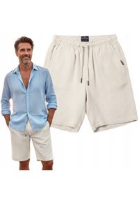 Letnie Lniane Szorty (Krótkie Spodenki) - Pako Jeans - Beżowe. Kolor: wielokolorowy, brązowy, beżowy. Materiał: len, wiskoza. Długość: krótkie. Sezon: lato. Styl: klasyczny #2