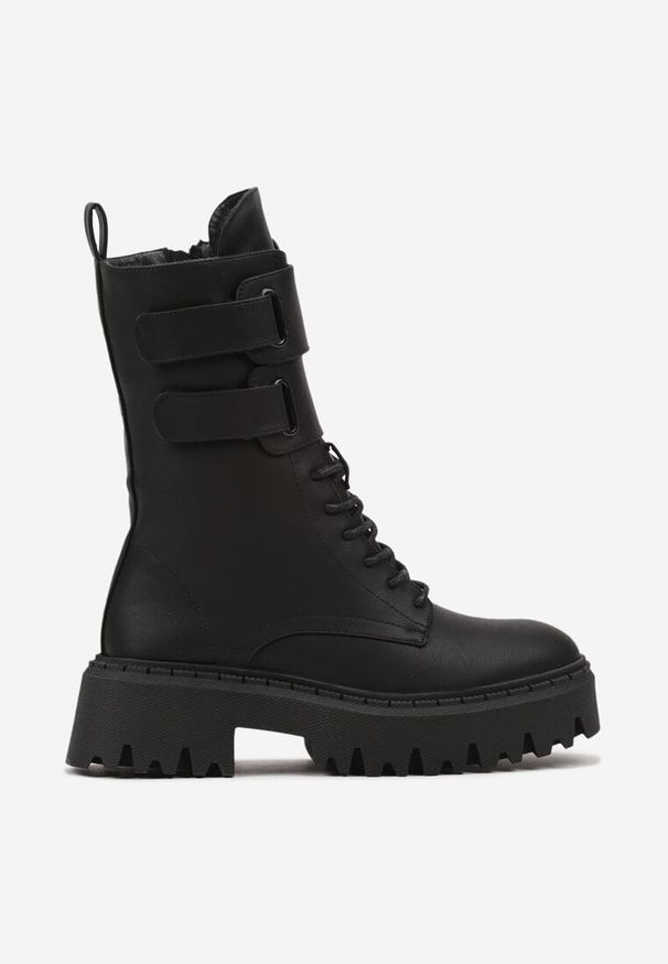 Born2be - Czarne Botki Workery na Grubej Podeszwie z Paskami na Rzep Sailita. Zapięcie: rzepy. Kolor: czarny. Materiał: dzianina, jeans. Wzór: paski. Sezon: zima, jesień. Styl: elegancki