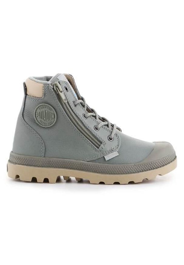 Buty do chodzenia dla dzieci Palladium Pampa HI Cuff WP. Wysokość cholewki: za kostkę. Zapięcie: sznurówki. Kolor: szary. Materiał: materiał, syntetyk. Szerokość cholewki: normalna. Sport: turystyka piesza