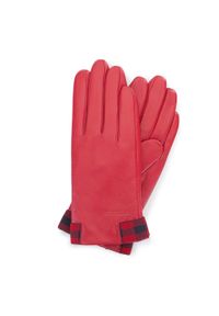 Wittchen - Damskie rękawiczki skórzane ze wstawkami w kratę czerwono-granatowe. Kolor: wielokolorowy, czerwony, niebieski. Materiał: skóra. Wzór: kratka. Sezon: lato. Styl: rockowy, klasyczny, elegancki