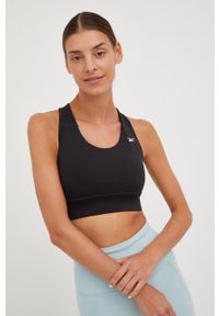 Reebok biustonosz sportowy Running Essentials kolor czarny gładki. Kolor: czarny. Materiał: poliester, skóra, dzianina, materiał. Wzór: gładki. Sport: bieganie #2