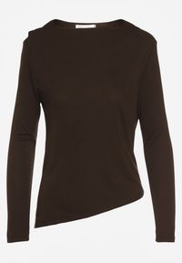 Renee - Brązowa Bluzka Longsleeve o Asymetrycznym Kroju z Poduszkami w Ramionach Tusandia. Okazja: do pracy, na spotkanie biznesowe. Kolor: brązowy. Materiał: futro, jeans. Długość rękawa: długi rękaw. Styl: biznesowy #2