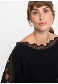 bonprix - Cienki sweter z lejącej wiskozy. Kolor: czarny. Materiał: dzianina, wiskoza. Wzór: gładki, ze splotem, koronka #2