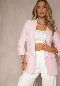 Renee - Jasnoróżowa Gładka Marynarka z Rękawami 7/8 i Klapami Adylia. Kolor: różowy. Wzór: gładki. Styl: elegancki #4