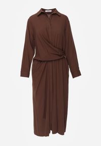 Born2be - Brązowa Wiskozowa Sukienka Koszulowa z Marszczeniem i Guzikiem w Talii Lennatha. Okazja: na co dzień. Kolor: brązowy. Materiał: wiskoza. Typ sukienki: koszulowe. Styl: casual, elegancki, klasyczny #4