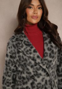 Renee - Szary Panterkowy Płaszcz Dwurzędowy z Wsuwanymi Kieszeniami Niarelith. Okazja: na co dzień. Kolor: szary. Materiał: jeans. Styl: elegancki, casual #5