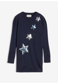 bonprix - Długi sweter z cienkiej dzianiny z cekinami. Kolor: niebieski. Materiał: dzianina. Długość rękawa: długi rękaw. Długość: długie. Wzór: aplikacja