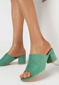 Born2be - Zielone Klapki Usinyera. Nosek buta: otwarty. Kolor: zielony. Materiał: skóra ekologiczna. Wzór: gładki. Obcas: na słupku #1
