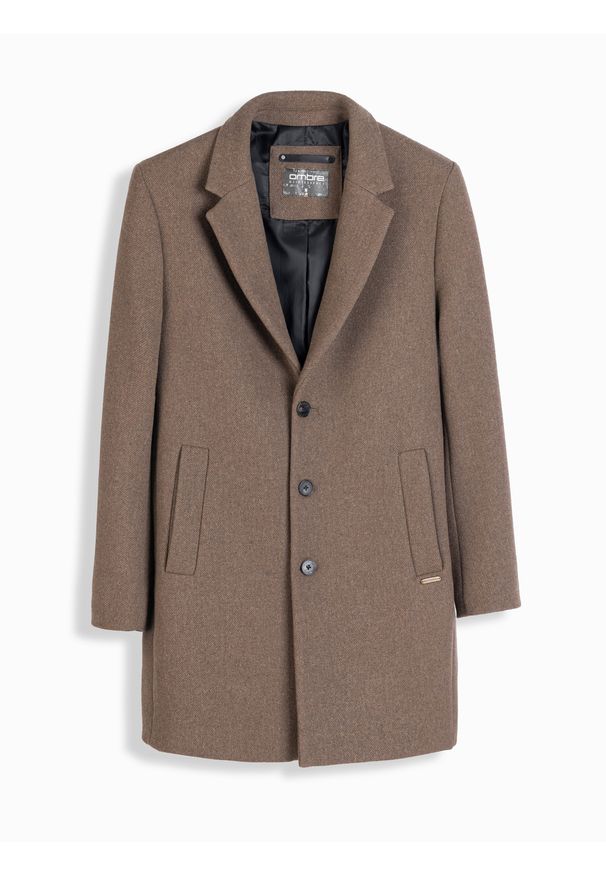 Ombre Clothing - Elegancki jednorzędowy męski płaszcz z wełną – brązowy V1 - Rozmiar: M. Kolor: brązowy. Materiał: wełna. Wzór: ze splotem, paski. Sezon: zima. Styl: elegancki