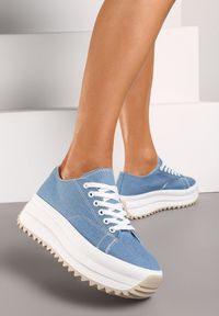 Renee - Niebieskie Sneakersy na Platformie ze Sznurowaniami Dimorie. Okazja: do pracy. Zapięcie: sznurówki. Kolor: niebieski. Materiał: jeans. Obcas: na platformie