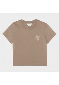 outhorn - T-shirt crop damski - brązowy. Kolor: brązowy. Materiał: dzianina, materiał, bawełna. Wzór: haft