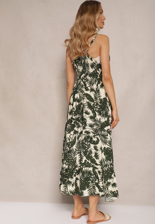 Renee - Jasnobeżowa Rozkloszowana Sukienka z Bawełny w Tropikalny Print z Koronką Alulora. Okazja: na spacer, na plażę. Typ kołnierza: dekolt w serek. Kolor: beżowy. Materiał: koronka, bawełna. Długość rękawa: na ramiączkach. Wzór: nadruk, koronka. Sezon: lato