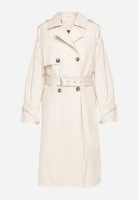 Born2be - Jasnobeżowy Płaszcz Dwurzędowy Trencz Ozdobiony Paskiem i Pagonami Malwissa. Okazja: na co dzień. Kolor: beżowy. Materiał: jeans. Wzór: aplikacja. Sezon: wiosna, jesień. Styl: casual, elegancki #5