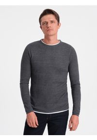 Ombre Clothing - Bawełniany sweter męski z okrągłym dekoltem - grafitowy melanż V2. Kolor: szary. Materiał: bawełna. Wzór: melanż. Styl: klasyczny #4
