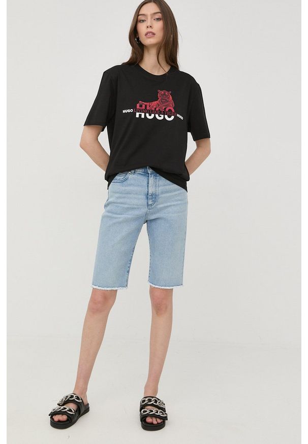 Hugo - HUGO szorty jeansowe damskie gładkie high waist. Okazja: na co dzień. Stan: podwyższony. Kolor: niebieski. Materiał: jeans. Wzór: gładki. Styl: casual