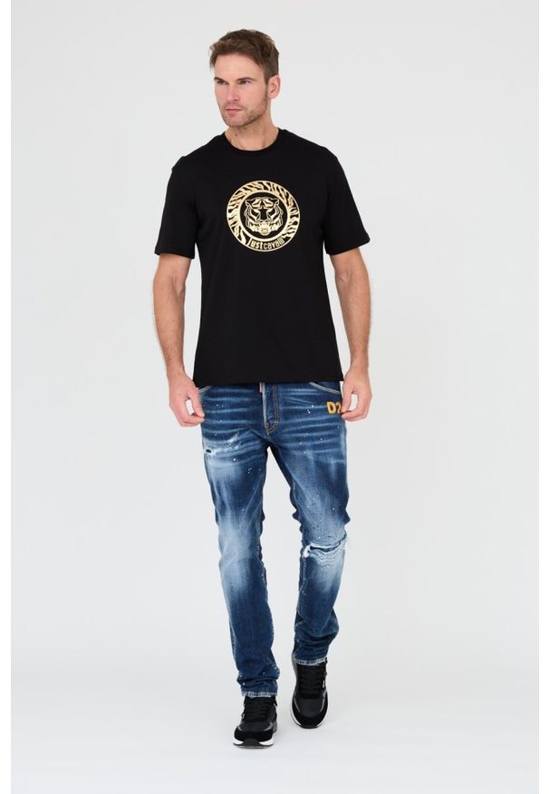 Just Cavalli - JUST CAVALLI Czarny t-shirt T-round Gold. Kolor: czarny