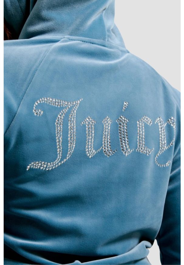 Juicy Couture - JUICY COUTURE Niebieska damska bluza Madison Hoodie, Rozmiar XL. Typ kołnierza: kaptur. Kolor: niebieski. Materiał: elastan, poliester, materiał. Wzór: aplikacja. Styl: elegancki