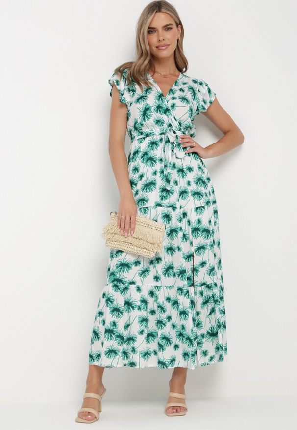 Born2be - Zielona Wiskozowa Maxi Sukienka z Kopertowym Dekoltem z Gumką w Pasie i Falbankami Ayzley. Typ kołnierza: kołnierz z falbankami. Kolor: zielony. Materiał: wiskoza. Wzór: aplikacja. Typ sukienki: kopertowe. Długość: maxi