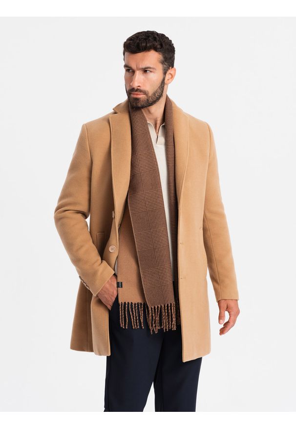 Ombre Clothing - Jednorzędowy długi męski płaszcz w stylu garniturowym – jasnobrązowy V3 - Rozmiar: L. Kolor: brązowy. Materiał: tkanina, materiał, poliester. Długość: długie. Wzór: jednolity. Styl: elegancki