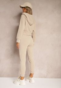 Renee - Ciemnobeżowy Komplet Dresowy z Dodatkiem Bawełny Spodnie z Gumką w Talii Bluza z Kapturem Sesaria. Kolor: beżowy. Materiał: bawełna, dresówka