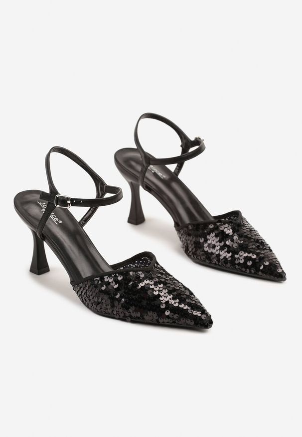 Renee - Czarne Sandały na Szpilce z Cekinową Cholewką Ulariona. Zapięcie: pasek. Kolor: czarny. Obcas: na szpilce. Styl: elegancki