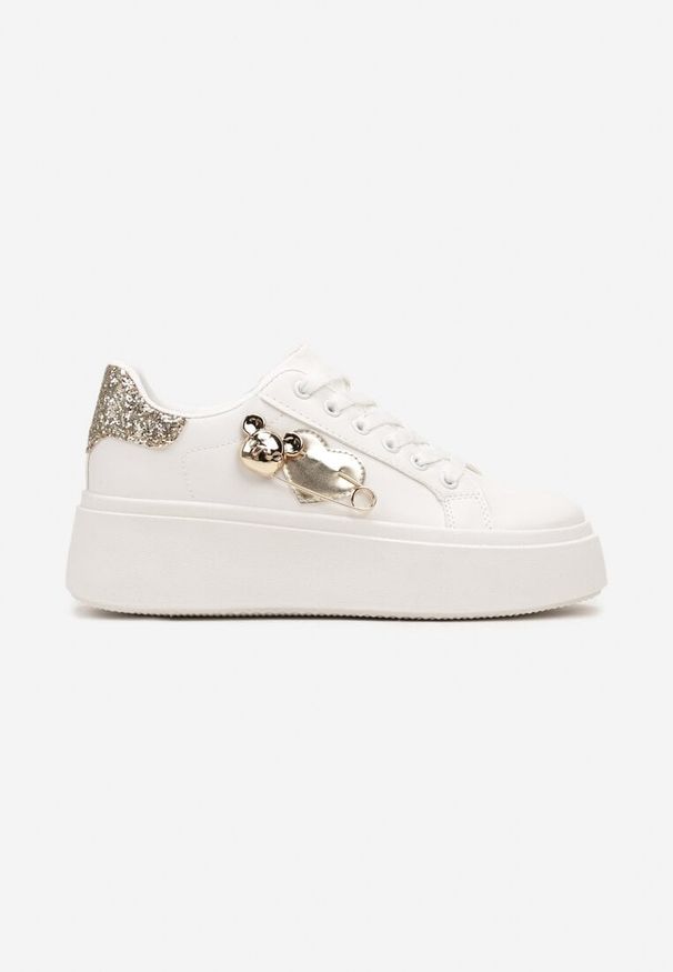 Born2be - Biało-Złote Sneakersy na Grubej Podeszwie z Brokatowymi Wstawkami i Sercami Riaven. Nosek buta: okrągły. Zapięcie: sznurówki. Kolor: biały. Obcas: na obcasie. Wysokość obcasa: niski