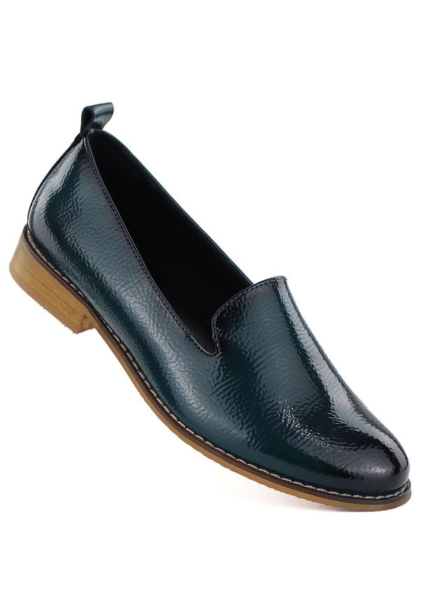 POTOCKI - Półbuty damskie lakierowane lordsy granatowe Potocki 19337. Kolor: niebieski. Materiał: skóra ekologiczna