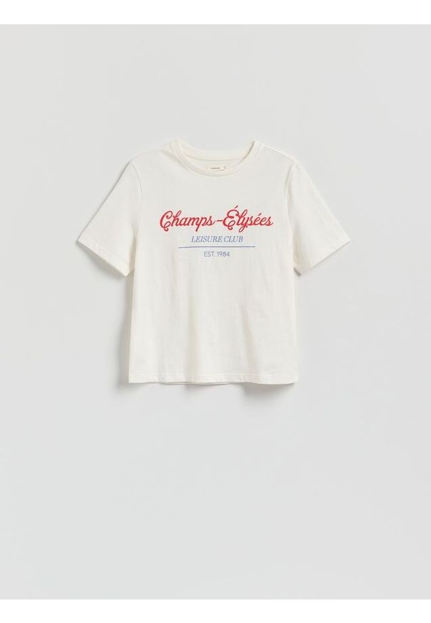 Reserved - T-shirt z nadrukiem - biały. Kolor: biały. Materiał: bawełna. Wzór: nadruk