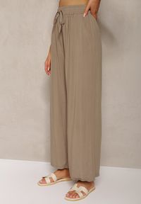 Renee - Ciemnobeżowe Bawełniane Spodnie Palazzo High Waist z Gumką w Pasie Gitanea. Okazja: na co dzień. Stan: podwyższony. Kolor: beżowy. Materiał: bawełna. Styl: elegancki, casual #4