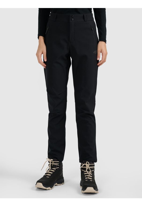 4f - 4F Spodnie trekkingowe softshell membrana 10000 damskie - czarne XS. Stan: podwyższony. Kolor: czarny. Materiał: softshell. Technologia: Primaloft. Sport: wspinaczka, turystyka piesza