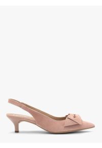 Ryłko - Różowe czółenka damskie bez pięty slingback z kokardą. Kolor: różowy. Materiał: welur, skóra. Obcas: na obcasie. Styl: street. Wysokość obcasa: średni